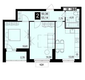 2-к квартира, строящийся дом, 52м2, 8/15 этаж