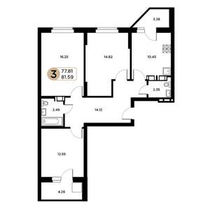 3-к квартира, строящийся дом, 78м2, 2/26 этаж