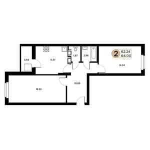 2-к квартира, строящийся дом, 62м2, 20/26 этаж
