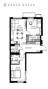 2-к квартира, вторичка, 69м2, 5/8 этаж