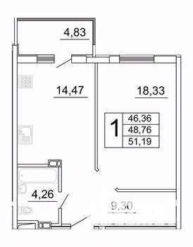 1-к квартира, вторичка, 51м2, 5/27 этаж