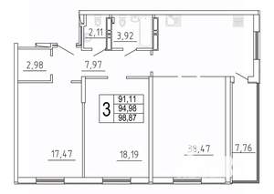 3-к квартира, строящийся дом, 99м2, 15/27 этаж