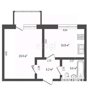 1-к квартира, вторичка, 54м2, 2/9 этаж