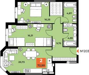 2-к квартира, вторичка, 73м2, 22/23 этаж