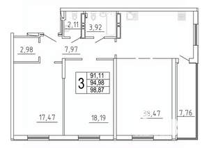 3-к квартира, строящийся дом, 99м2, 18/27 этаж