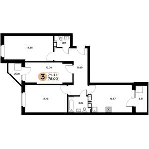 3-к квартира, строящийся дом, 75м2, 18/26 этаж