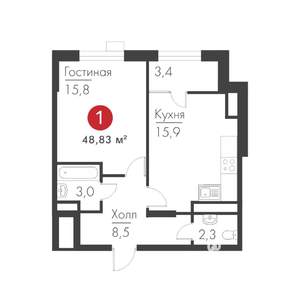 1-к квартира, строящийся дом, 49м2, 2/19 этаж