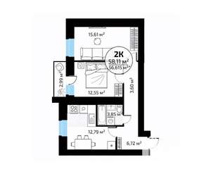 2-к квартира, вторичка, 58м2, 4/18 этаж