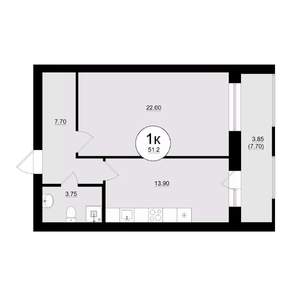 1-к квартира, вторичка, 52м2, 4/8 этаж